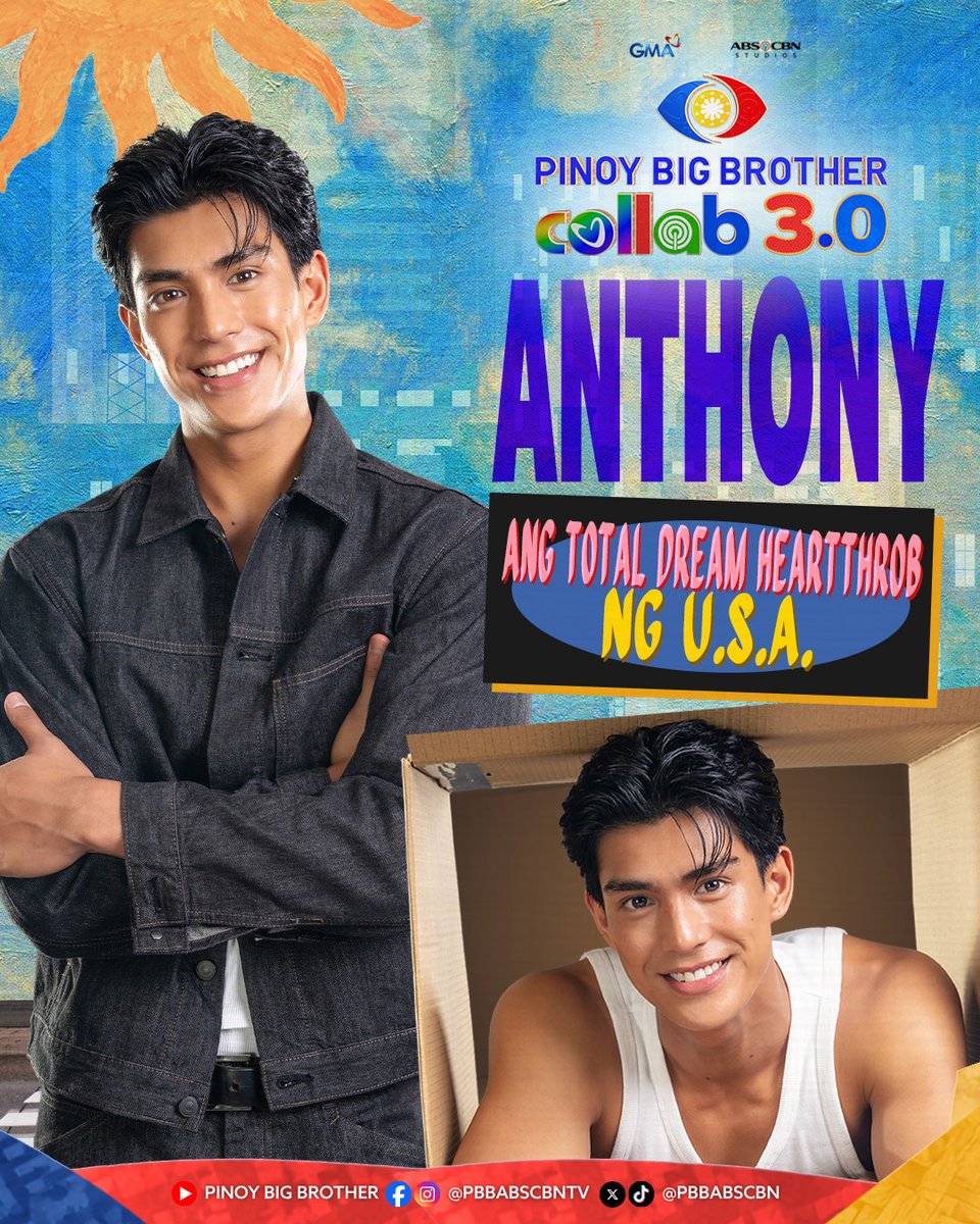 PBBabscbn's tweet photo. Welcome sa loob ng bahay ni Kuya, Anthony! Ang Total Dream Heartthrob ng USA! 

Tumutok sa Pinoy Big Brother Collab 3.0! 👀

📺 Weeknights
⏰ 9:35 PM sa GMA, Kapuso Stream, ABS-CBN Entertainment YouTube Channel at iWant
⏰ 10:15 PM sa Kapamilya Online Live

📺 SATURDAYS
⏰ 6:15 PM sa GMA, Kapuso Stream, ABS-CBN Entertainment YouTube Channel at iWant
⏰ 8:30 PM sa Kapamilya Online Live

📺 SUNDAYS
⏰ 4:55 PM sa GMA, Kapuso Stream, ABS-CBN Entertainment YouTube Channel at iWant
⏰ 9:45 PM sa Kapamilya Online Live

#PBBCollab3point0
#PBBCollab3