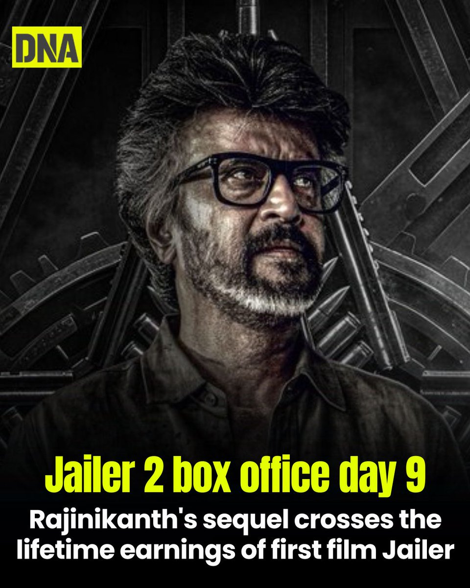 dna's tweet photo. With the worldwide gross collections of Rs 628 crore in nine days, Rajinikanth and Nelson Dilipkumar's sequel Jailer 2 has surpassed the lifetime earnings of their first film Jailer and has become the second highest-grossing Tamil film of all time behind Rajinikanth's 2.0.

Read Here: https://t.co/0V07NZ8qZs

#Rajinikanth #Jailer2 #BoxOfficeCollection #dnadigital