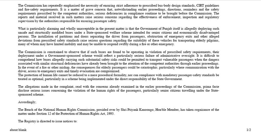 VairagiUvaaCH's tweet photo. The @India_NHRC has taken cognizance of allegations wrt to the deployment of unsafe and potentially non-compliant AC sleeper buses under the Punjab Govt Mukhyamantri Tirth Yatra Yojana, meant to facilitate pilgrimage for senior citizens and economically disadvantaged persons.

The complaint raises concerns regarding alleged unauthorised structural modifications, installation of partitions and doors separating the driver’s cabin from the passenger compartment, obstruction of emergency exits and windows, and deficiencies in essential fire detection, suppression and emergency evacuation arrangements.