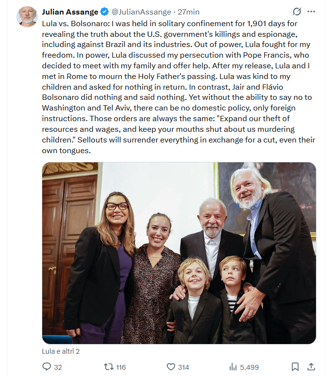 SMaurizi's tweet photo. VERY important to see @JulianAssange highlighting that @LulaOficial &amp; #PopeFrancis were on the right side of History,whereas the #Bolsonaros were NOT.

Julian: "Without the ability to say no to Washington and Tel Aviv,there can be no domestic policy-only foreign orders" https://t.co/OF4vXra3nn