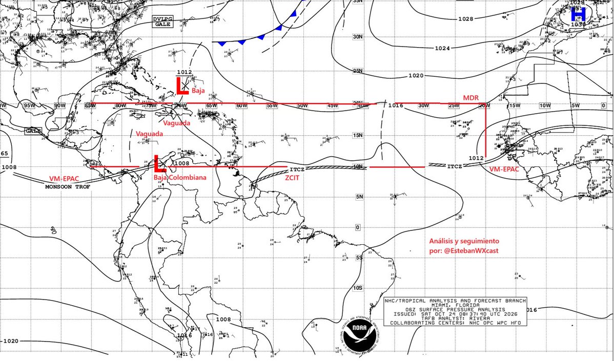 EstebanWXcast's tweet photo. Rasgos meteorológicos en MDR, a 06z 24OCT26. Vaguada desde 29n67w, Baja en 23n70w y cruza La Española. Vaguada, al sur del Caribe central, sur de 16n79w. Extremo oriental de VM-EPAC recorre Panamá hasta Baja Colombiana, en 11n73w. Extremo occidental de ZCIT atlántica, en 07n59w. https://t.co/YQRo0LFiCN