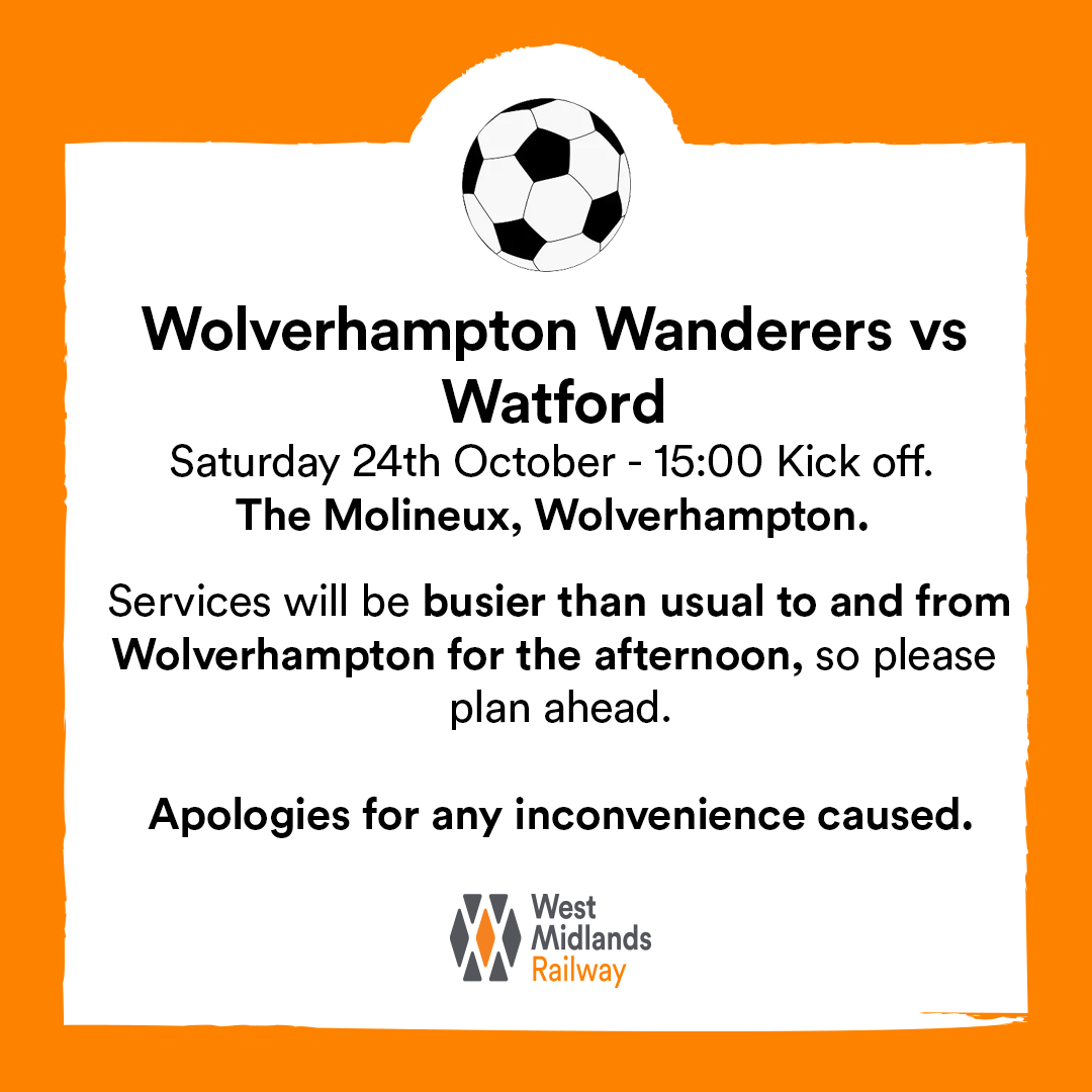WestMidRailway's tweet photo. ⚽ It's another busy Saturday of football, as Aston Villa &amp; Wolverhampton Wanderers are all in action.

ℹ️ Please be aware services across the network will be busier than usual for the day.

🔗 Check your journey > https://t.co/byNrf5iPsV https://t.co/iEwjb90rpH