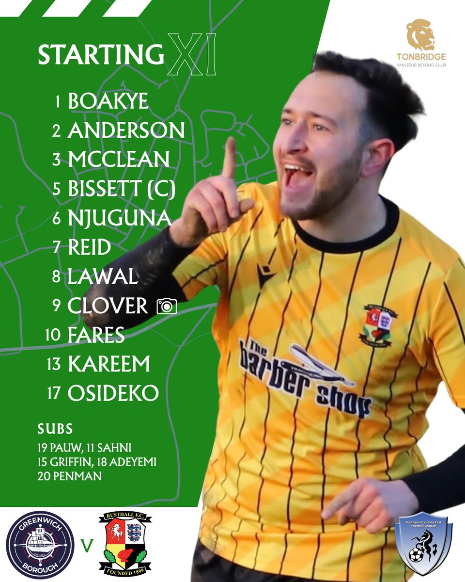 FCRusthall's tweet photo. 🟢⚪️ Here’s your starting XI for our lunchtime kick off vs @AFCGreenwichB 

Come on you Rustics! 

#RusthallFC 🟢⚪️ https://t.co/e3sDbu2Wwe