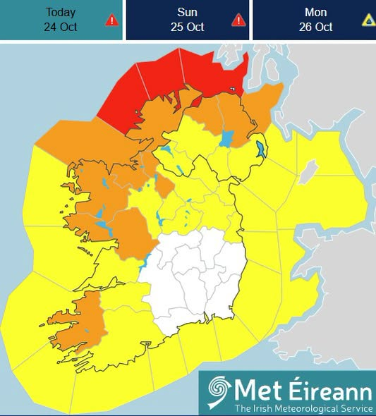 MetEireann's tweet photo. ⚠️Weather warnings in operation for Sat Oct 24th into Sun 25th⚠️
A combination of wind & rain warnings are in place across the country due to conditions associated with #StormBoelo
For specific details, timings & potential updates, check in to https://t.co/6Ifr8uXQK7 https://t.co/wzNvFki4xM