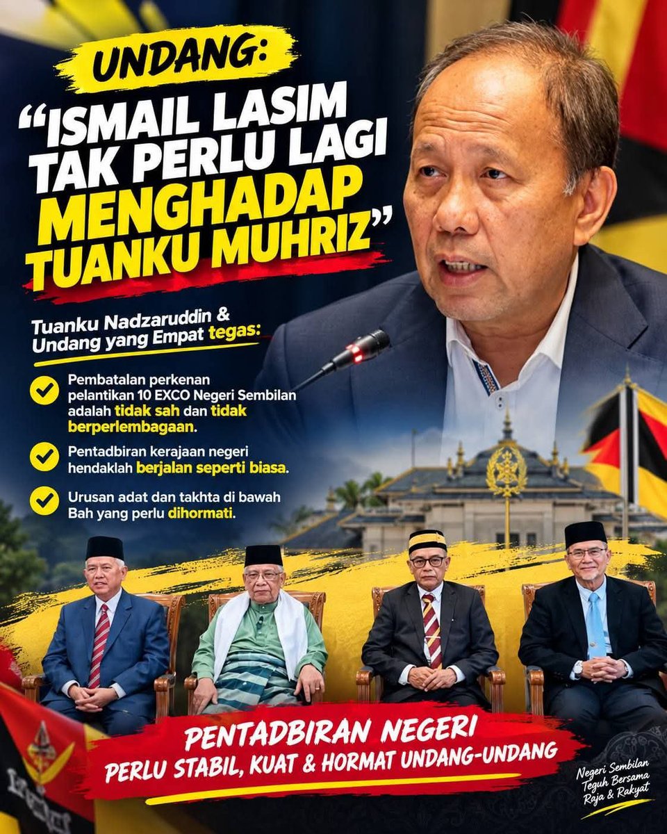 morasaki12's tweet photo. Krisis takhta N9 dah selesai; Undang dakwa Ismail Lasim tak perlu lagi mengadap Tuanku Muhriz? 

Kumpulan Undang Yang Empat dan Tunku Besar Tampin mendakwa krisis takhta N9 dah selesai, sekali gus menyatakan MB, Ismail Lasim, tak perlu lagi menghadap Tuanku Muhriz . . . . https://t.co/wN7ZSlhZh2