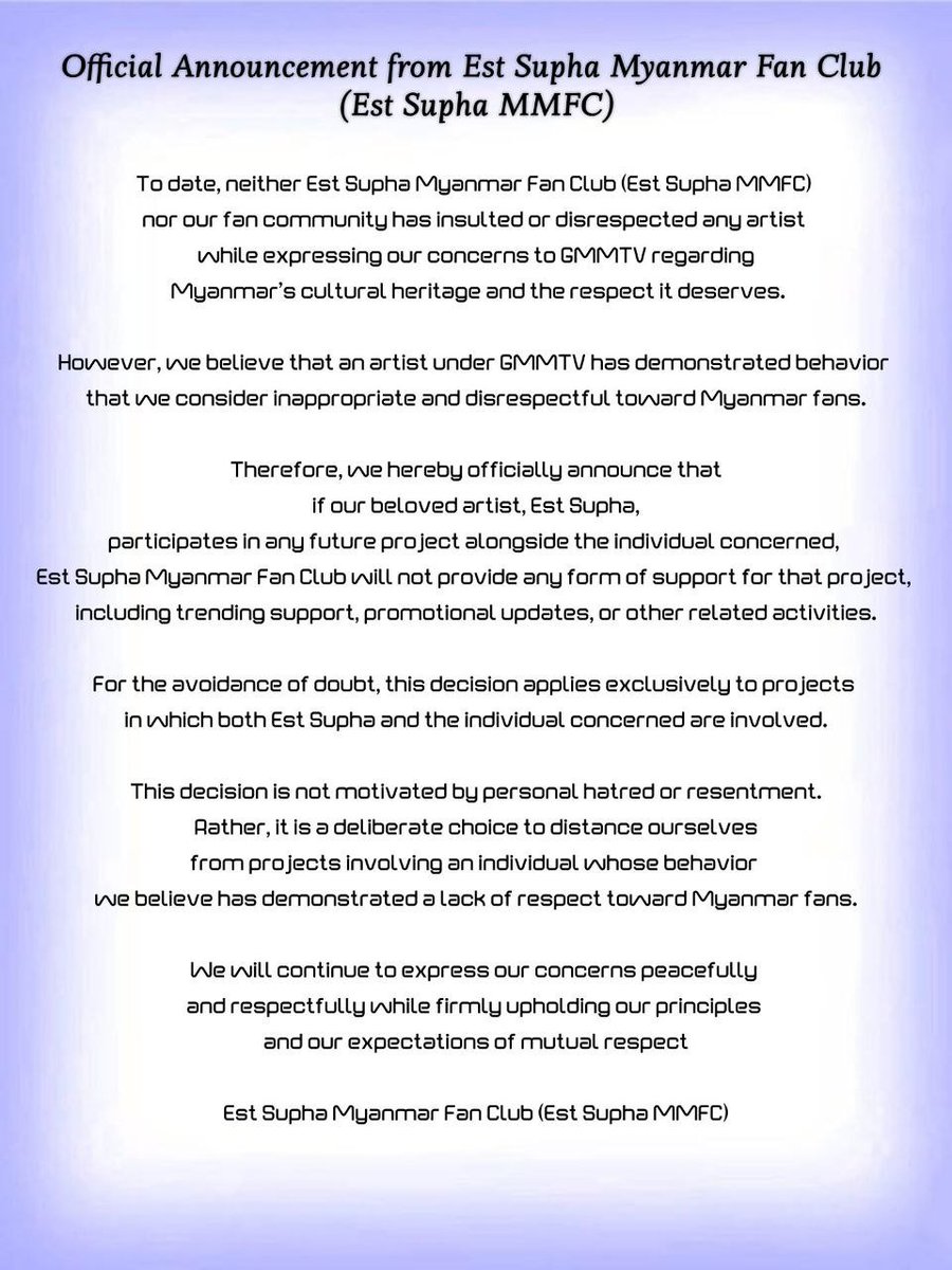 EstSupha_MMFC's tweet photo. Official Announcement from Est Supha Myanmar Fan Club 

 အမြဲတမ်း နားလည်ပေးပြီး အတူတူရပ်တည်ပေးကြတဲ့ တစ်ယောက်ချင်းစီတိုင်းကိုလည်း ကျေးဇူးအများကြီးတင်ပါတယ်

CULTURAL HERITAGE RECOGNITION

#RecognizeMyanmarCulturalHeritage
#CulturalCreditMatters 
#ScarletHeartTH https://t.co/6zyjhoVElo