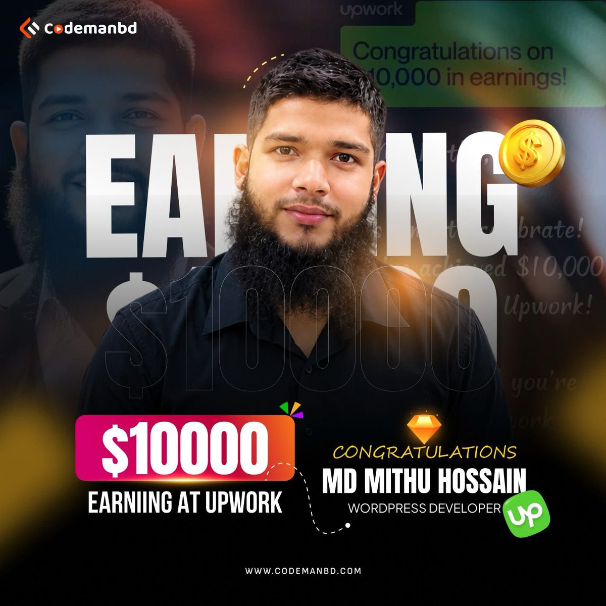 codemanbd's tweet photo. শুভকামনা রইলো Md Mithu Hossain আপওয়ার্ক মার্কেটপ্লেসে $10,000 আর্নিং এর মাইলফলক অতিক্রম করার জন্য। #CodemanBD #Upwork https://t.co/Ep7b4aL36L