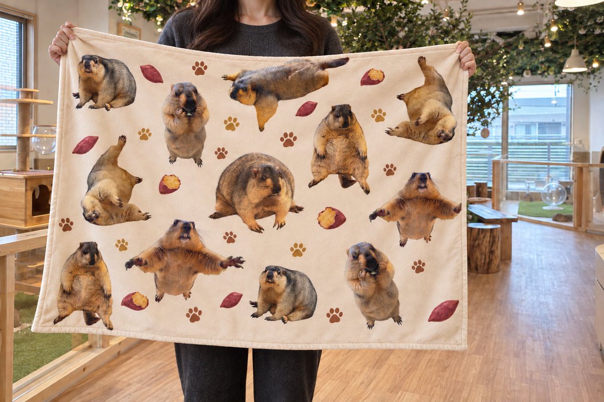 marmotmura's tweet photo. 皆様の声がグッズになりました🎁

マモブランケット、新登場！
おうちでもマモと、ぬくぬく虚無時間🪐

「おいもクリーム」「虚無ネイビー」
各柄100枚限定✨ https://t.co/gyRTsEuLf0