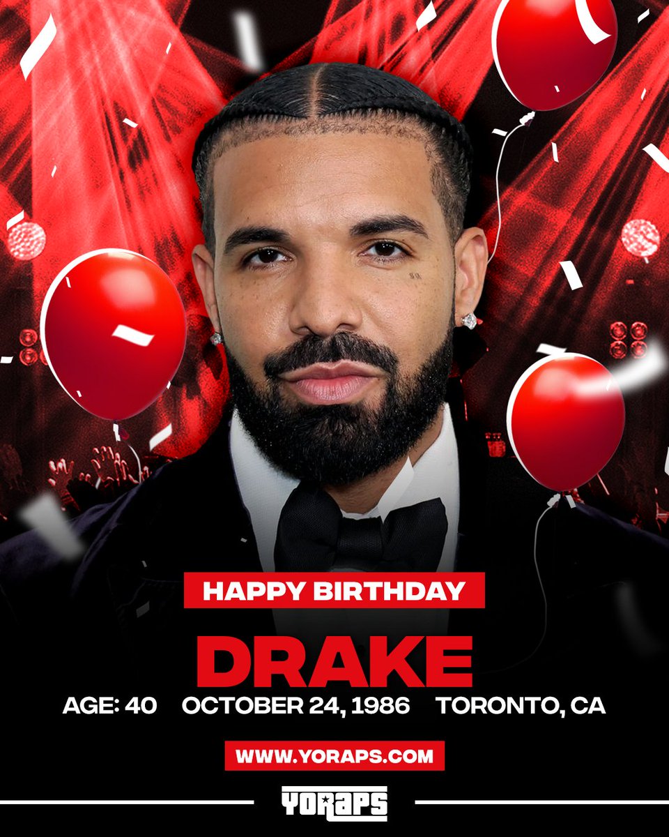 YoRapsMagazine's tweet photo. 🎊 #HAPPYBIRTHDAY: #Drake (#October24, 1986, #Toronto, #Canada)

What’s his greatest track ever ⁉️
---
✅ Yo! Raps: https://t.co/A37OwMybC6
🚀 Yo! PR: https://t.co/twEeW3KegX https://t.co/eQh7clUcNK