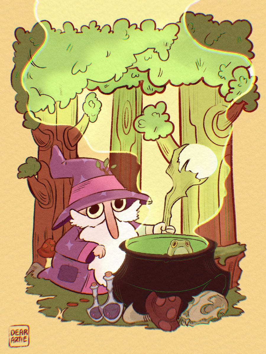 dearartie_'s tweet photo. The Wizard in the Forest featuring his little froggy friend who is taking a “warm” bath in his cauldron
#digitalillustration #procreate #fantasyart #wizard #whimsical https://t.co/dlvAFBNHZf