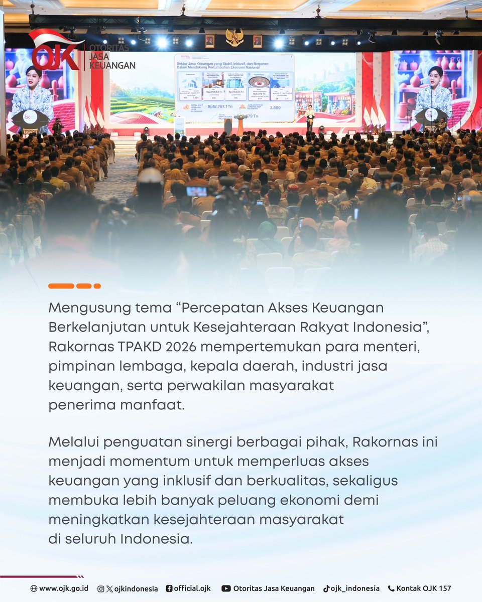 ojkindonesia's tweet photo. Sinergi ini diharapkan terus membuka peluang ekonomi dan meningkatkan kesejahteraan masyarakat di seluruh Indonesia.
Simak informasi selengkapnya dalam OJK Update berikutππ»
#OJKIndonesia #TPAKD #RakornasTPAKD2026 #AksesKeuangan #InklusiKeuangan https://t.co/AIZ2CCTGp0