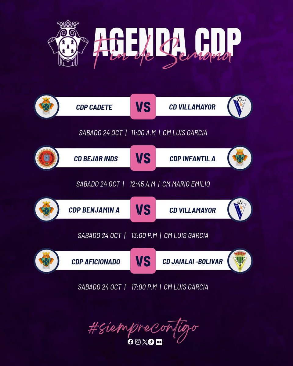 CDPearanda's tweet photo. 💜⚽ ¡AGENDA CDP! Este sábado, cuatro equipos de nuestra Familia Morada tienen una cita con el fútbol. 💪

🏟️ Cadete · 11:00 h
🏟️ Infantil A · 12:45 h
🏟️ Benjamín A · 13:00 h
🏟️ Aficionado · 17:00 h

¡A por todas, morados! 💜

#CDPeñaranda #SiempreContigo https://t.co/M2EGqRM65i