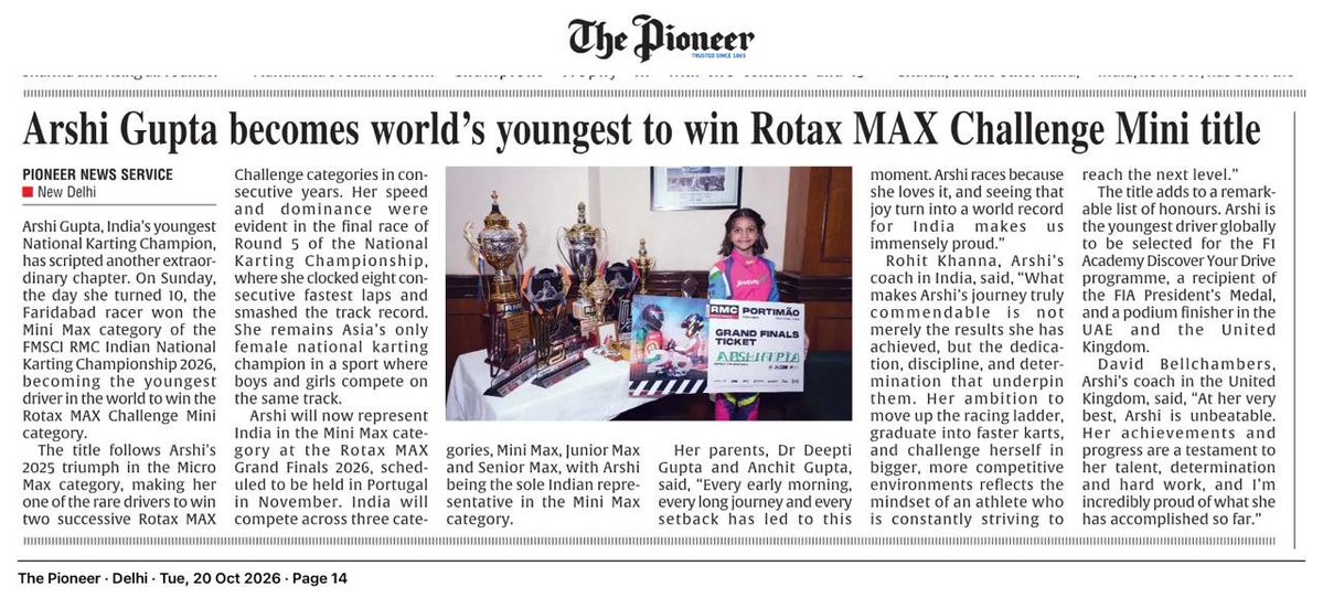 GreyMattersPR's tweet photo. #GreyMattersClips 

From the press conference organised by GreyMatters to widespread media coverage, Arshi Gupta’s Mini Max National title and her upcoming journey to represent India at the Rotax MAX Challenge Grand Finals 2026 in Portugal are receiving well-deserved attention.

As a communication partner, we're  happy to see her achievement reach a wider audience.

We thank our media friends for covering her story so well.

#ArshiGupta 
@ANI @PTI_News @News18India @ArshiRacing @TheDailyPioneer @fpjindia @DainikBhaskar