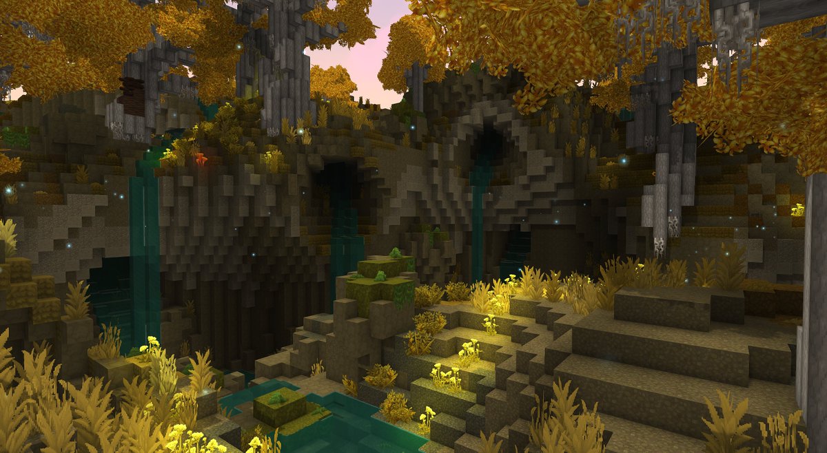breadleyishere's tweet photo. some rough worldgen experiments from yesterday, generating waterfalls in my lothlorien-inspired hytale biome! 

each waterfall is designed to fall or flow into a pool beneath it https://t.co/mJ0PTEcgUD