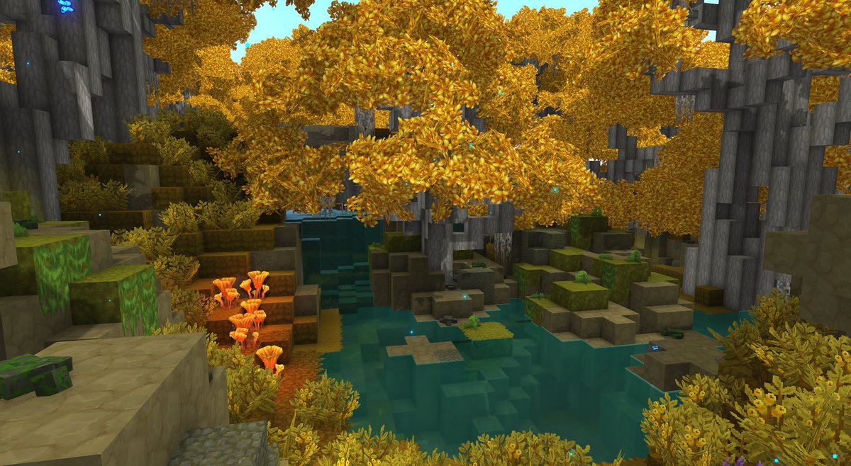 breadleyishere's tweet photo. some rough worldgen experiments from yesterday, generating waterfalls in my lothlorien-inspired hytale biome! 

each waterfall is designed to fall or flow into a pool beneath it https://t.co/mJ0PTEcgUD