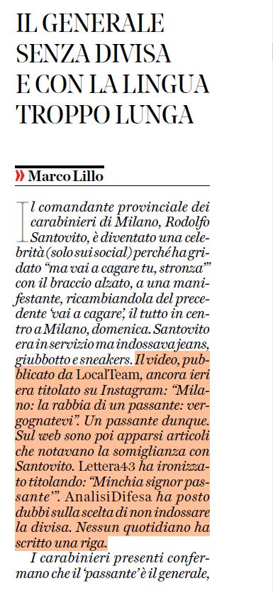 Moonlightshad1's tweet photo. "Il passante".
Se il generale scende in strada in borghese "per non dare nell'occhio" ci sta che venga trattato come una persona qualunque, ma se si scopre la sua identità dovrebbe come minimo scusarsi per le sue esuberanze verbali.
Dal Fatto Quotidiano
#Milano https://t.co/tNQ1M85dPf