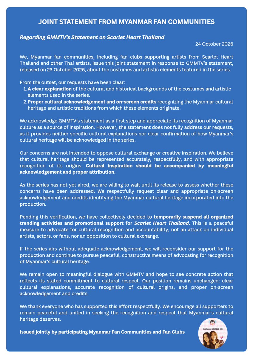 EmiBonnieMM's tweet photo. Joint Statement From MYANMAR FAN COMMUNITIES including EmiBonnie MYANMAR🚨

@GMMTV PLS RESPECT OUR CULTURE AND PLS GIVE PROPER CREDIT AND ACKNOWLEDGEMENT 

CULTURAL HERITAGE RECOGNITION

#RecognizeMyanmarCulturalHeritage #CulturalCreditMatters https://t.co/ivdJiJqNOO