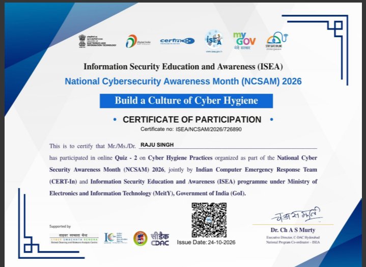 iRajuSingh_'s tweet photo. 🏆 Proud to Have Earned a Cybersecurity Awareness Certificate! 🔐
Let’s stay alert, stay informed, and stay cyber smart! 💻🛡️
#Cybersecurity #CyberAwareness #NCSAM2026 #CyberHygiene #InformationSecurity #DigitalSafety #ContinuousLearning https://t.co/4DROIcD1be