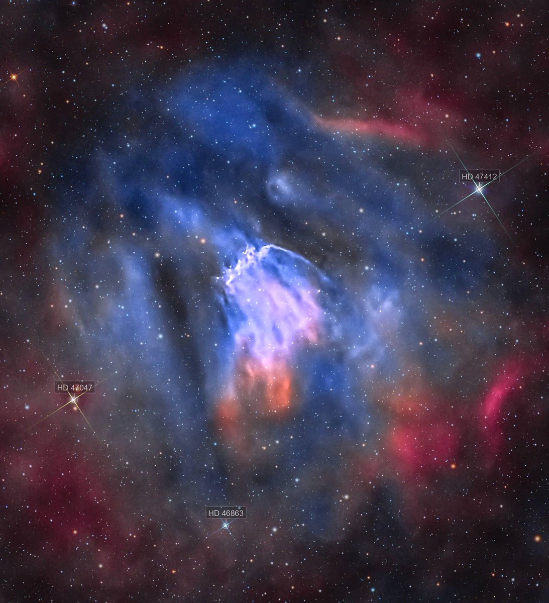 konstructivizm's tweet photo. 🌌 The Alves-2 nebula is a relatively recently discovered astronomical object located in the constellation Auriga.

Captured using a Takahashi FSQ-106N telescope and a ZWO ASI6200MM Pro camera.

Total exposure time: 32 hours.

Author: Dale Bush. https://t.co/QhwE28vu1r