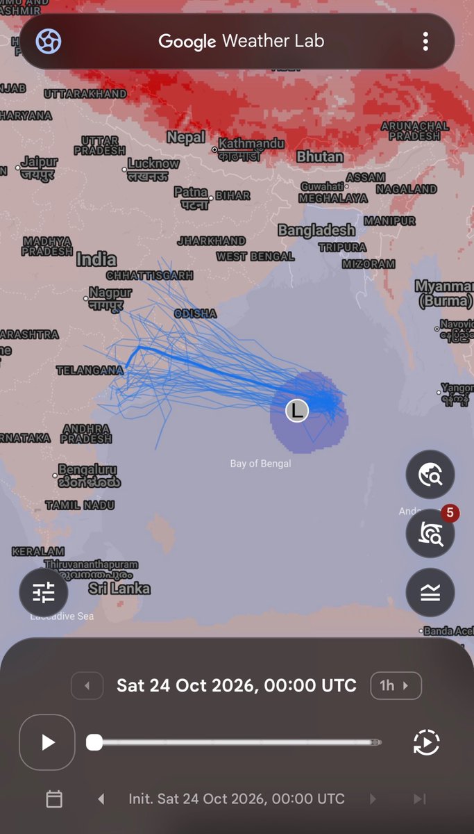 GraceCWeather's tweet photo. Google Deepmind Weathenext is fcsting quite the TC in the Bay of Bengal, expecting landfall in India. Should be interesting to see as time progresses how things shape up #Invest98B https://t.co/1tCJt5fLZf