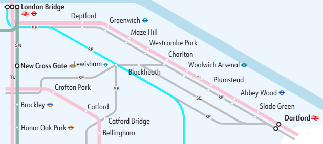TLRailUK's tweet photo. 🗺️ Services that normally run between London Bridge and Dartford via Greenwich may instead run via Lewisham.

🌐 You can use our interactive live map to check how your journey may be affected: https://t.co/Q6JYQFhmyf https://t.co/L4dWGhwodb