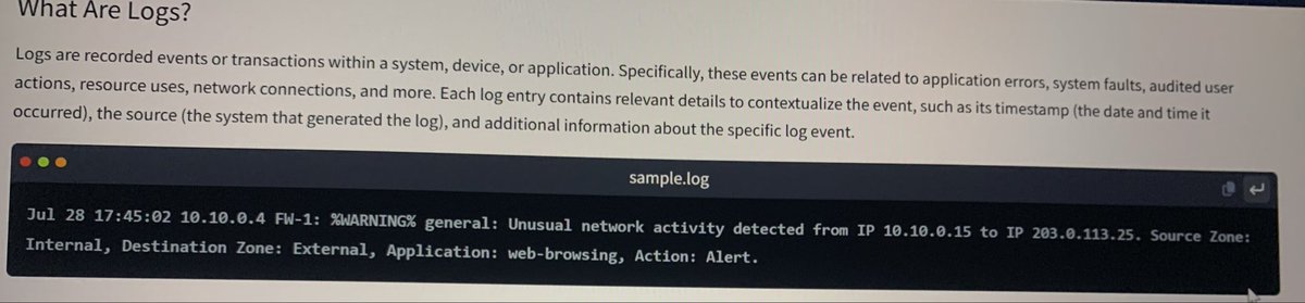 mr_kay7's tweet photo. Day101 #200Dayschallenge @scriptedwebb 

Intro to Log Analysis! Logs are essentially time sequenced records of events across a network. Learning how to parse them to understand what actually happened during an incident is key.

#CyberSecurity #InfoSec #LogAnalysis https://t.co/NjGz5YEZBG