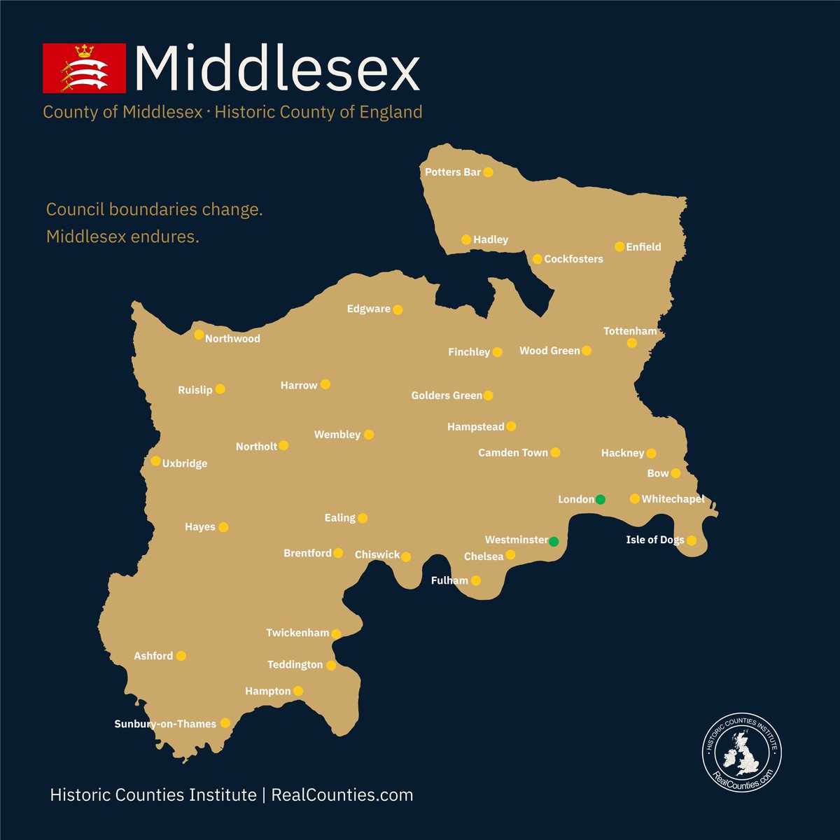 RealCounties's tweet photo. Yes, absolutely! Middlesex still exists as a geographic county today. 😊

You’re right, though, that its identity has been largely obscured. The abolition of Middlesex County Council in 1965 and the expansion of London’s administrative arrangements made the county much less visible in everyday life.

But those changes didn’t abolish Middlesex itself. Cricket has done a wonderful job of keeping the name alive, and we’d love to see it recognised much more widely.

It was the 76 year old ‘Middlesex County Council’ (which didn’t cover all of Middlesex) that was abolished in 1965, not the 1,000+ year old county.

That’s a major part of what we’re campaigning for at the Historic Counties Institute: making our enduring counties visible and relevant again, not bringing back something that has ceased to exist.

You can explore Middlesex’s full geographic extent on our interactive map at https://t.co/w5jzJVGEKI.