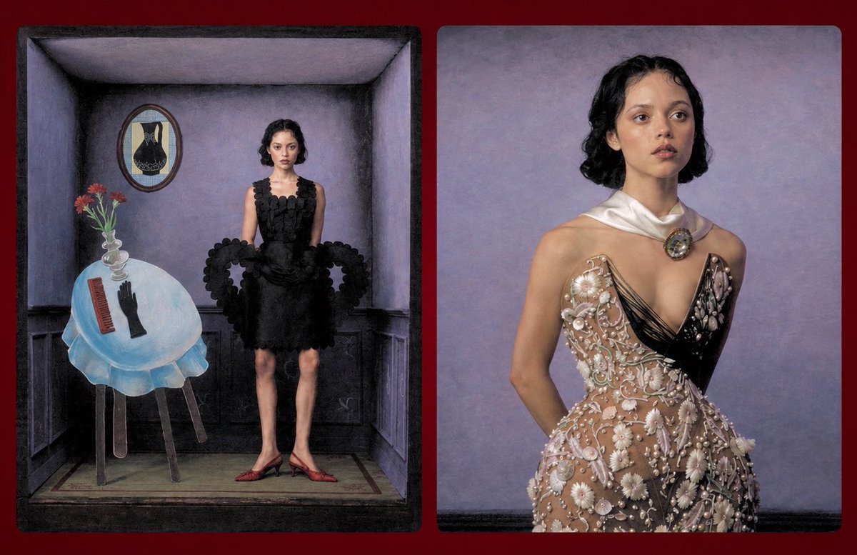JubyJenner's tweet photo. Dark romanticism meets haute couture. Jenna Ortega’s editorial aesthetics are on another level. 🖤🕊️ https://t.co/oGtT4QXnWW