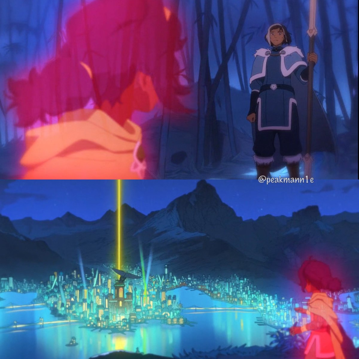 peakmann1e's tweet photo. One interesting detail I noticed in this scene that makes me believe Nisha is the Dark Avatar even more is what happened when Pavi connected to that mysterious energy. She was taken to a time when Republic City was peaceful, and Korra wasn’t causing any destruction.

But the moment Nisha joined Pavi, everything changed. The vision immediately shifted to Korra destroying Republic City. I don’t think that’s a coincidence. Pavi’s connection showed peace, but Nisha’s presence brought destruction into the vision. To me, that’s a huge clue that Nisha is the Dark Avatar