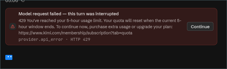 Faisal0x0's tweet photo. I was hoping the shit talk about kimi isnt true. But regarding the limit yup I hit the 5hr limit in 1 hour running just one agent at max (idk if it used subagents or not).

hopefully the final output will be worth it https://t.co/iuMWaIbJWX