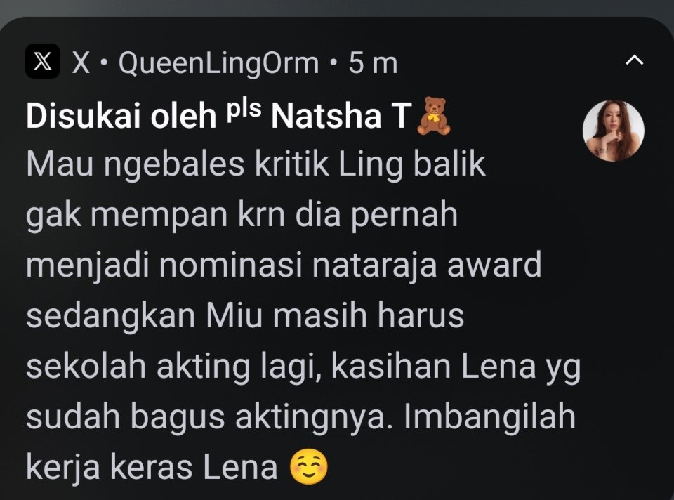 QueenLingOrm's tweet photo. Dari awal kritik aktingnya. Si Miu udah like. https://t.co/3TgCZ5PIIZ