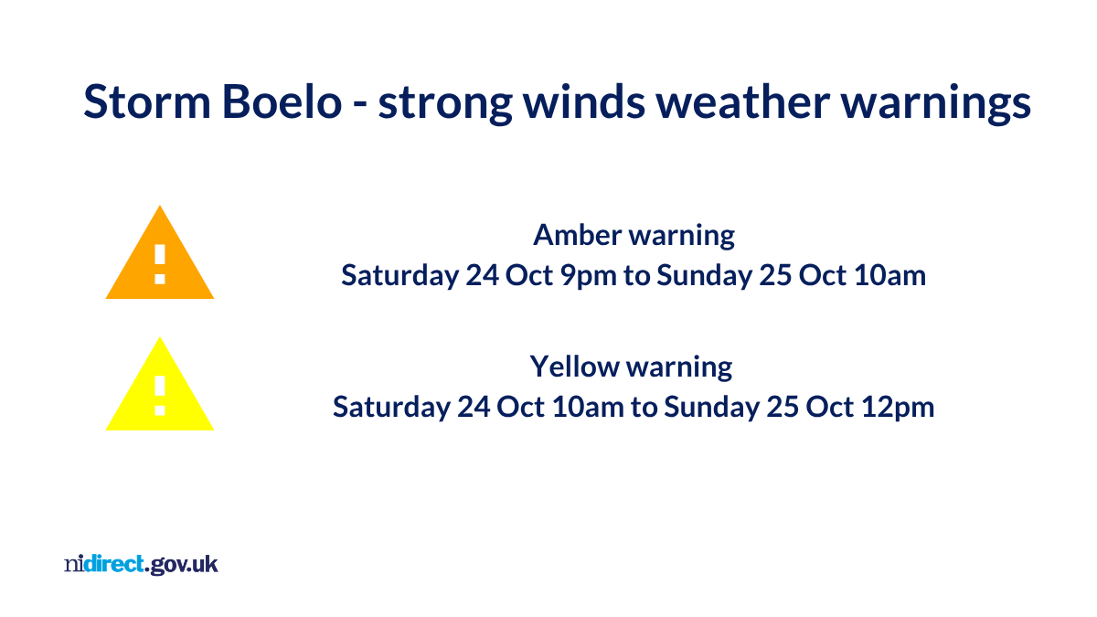 nidirect's tweet photo. #StormBoelo strong winds weather warnings:
-amber in some areas from 9pm tonight (Sat 24 Oct) to 10am tomorrow
-yellow 10am today to 12pm tomorrow
Injuries/danger to life possible,travel disruption,power cuts,flying debris,fallen trees likely
Info/advice: https://t.co/B3o8SX0Jmh https://t.co/4lFR2efFHj