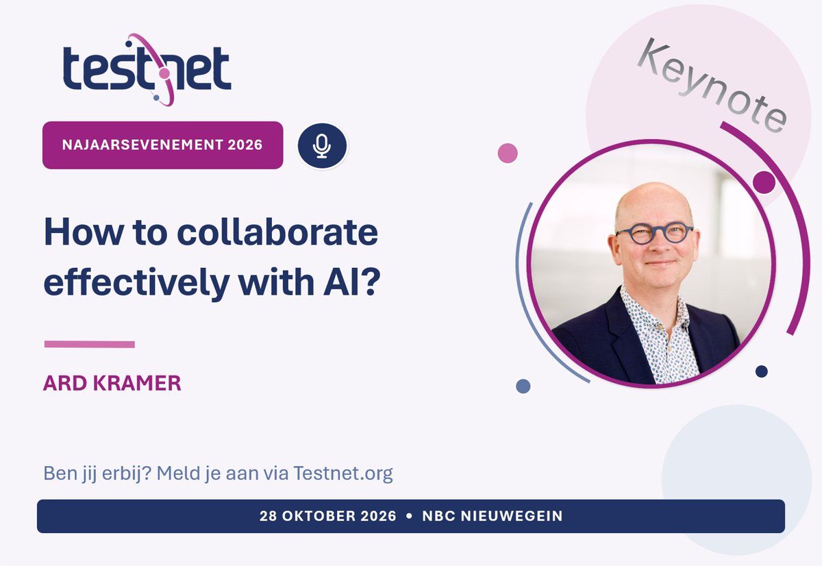 TestNetNL's tweet photo. 🎤 Keynotes op 28 okt: Ard Kramer over samenwerken met AI (14:15) en Nathalie Rooseboom over Automated Acceptance Testing (20:30). Erbij zijn? 👉 https://t.co/B3Jrk9Nzou #TestNet #testing https://t.co/RVImwVV0tu