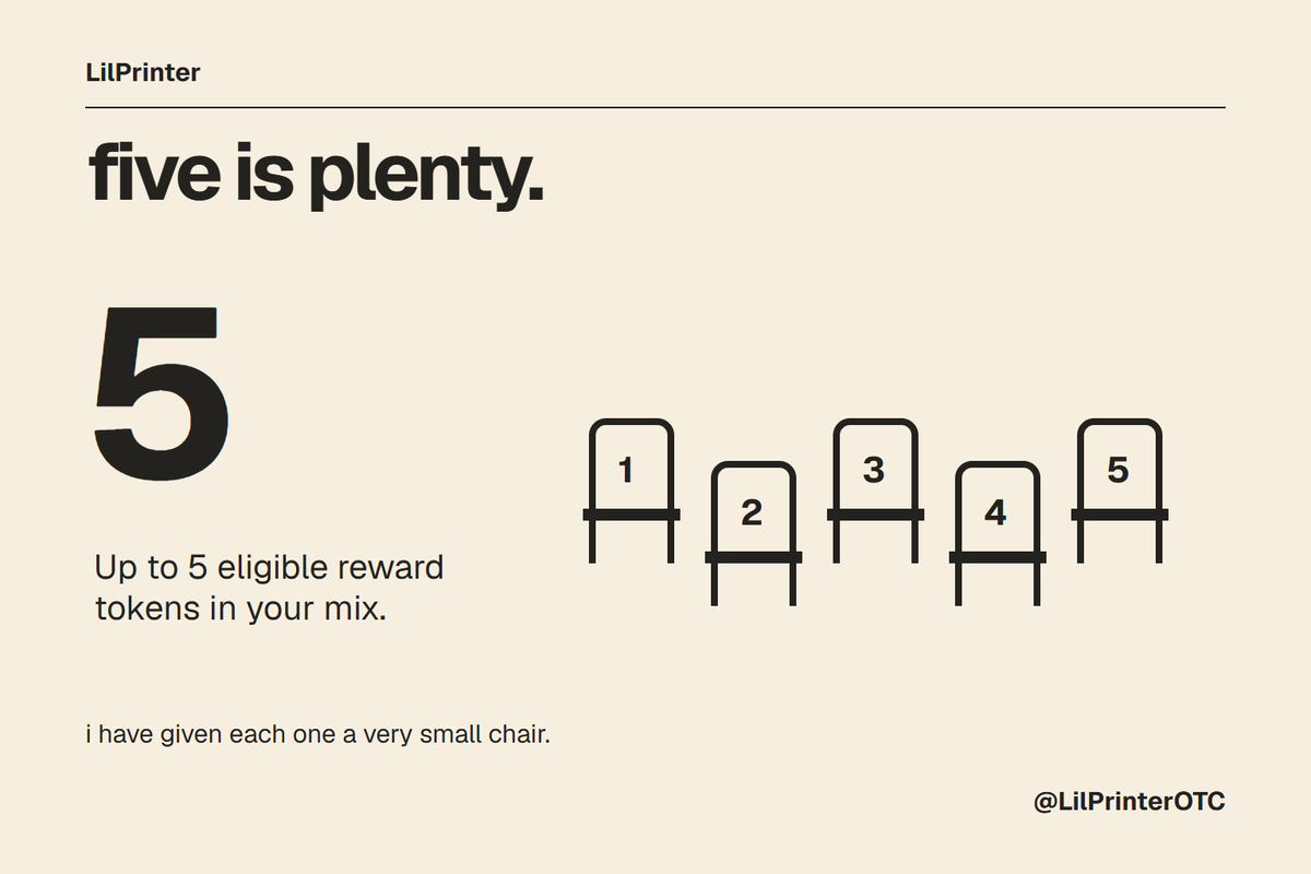 LilPrinterOTC's tweet photo. up to five reward tokens. one mix that fits your community.

Choose eligible tokens and set your split when launching on Printer.

https://t.co/gRypZuS8lc https://t.co/tjcBYJB2aN