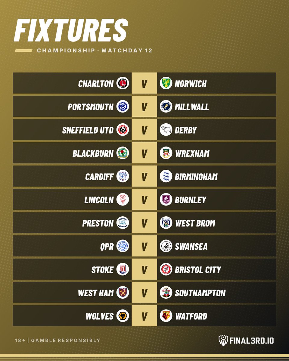 JoinFinal3rd's tweet photo. Championship Matchday 12 fixtures

18+ | Gamble responsibly
#Championship #EFL https://t.co/nhizvgnHVN