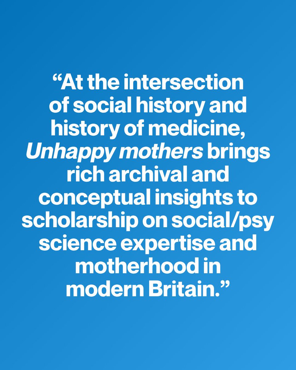 ManchesterUP's tweet photo. Congratulations to Sarah Crook, whose 'Unhappy mothers: Women, motherhood, and social change in postwar Britain' has been named joint winner of the Women's History Network/Women's History Association of Ireland Book Prize 2025.

The judges praised the book as a "powerful contribution to women's and gender history", highlighting its rich archival research, attention to women's testimony, and nuanced exploration of motherhood, expertise and social change in modern Britain.

Read more: https://t.co/lnS9xI6Vk6