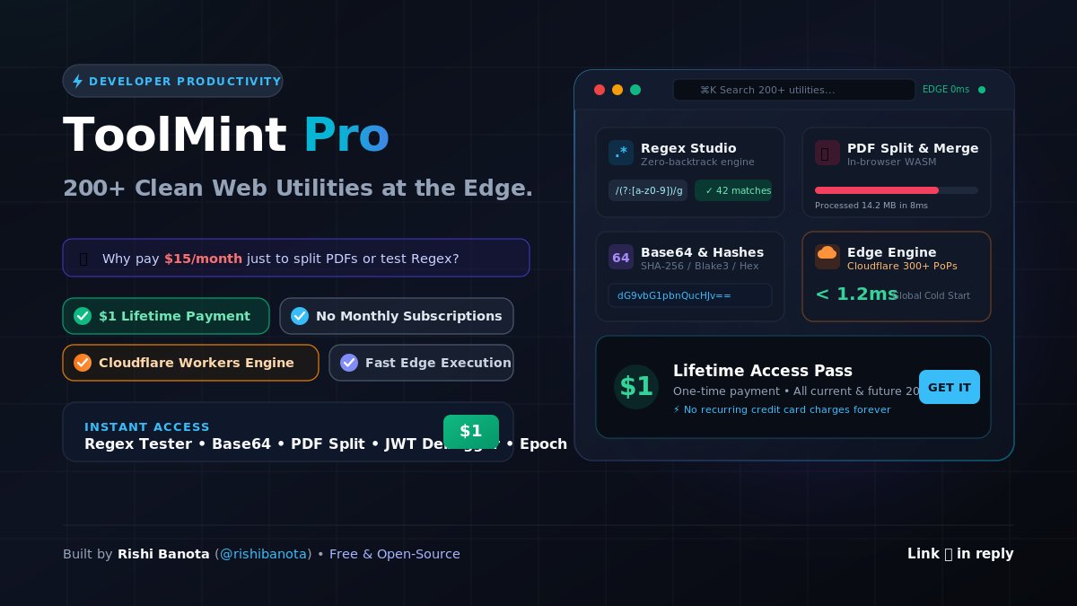 CoderRishi's tweet photo. Why pay a recurring $15/month subscription just to split PDFs, test regex, and encode base64?

Built ToolMint with 200+ fast utilities running on edge workers. Pro is a single $1 lifetime pass.

No renewals. No trial traps.

(Link in reply 👇) #IndieDev https://t.co/ZaSbVWkX1U