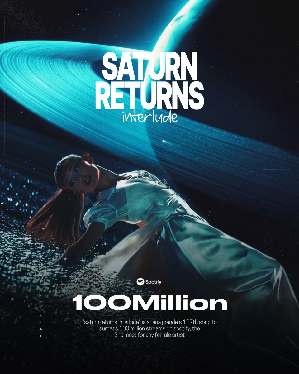 darianabrande's tweet photo. “Saturn Returns Interlude” has surpassed 100 million streams on Spotify! It’s the 19th and final song off “eternal sunshine” to do so∙·

— it’s Ariana Grande’s 127th song overall to reach this milestone, the 2nd most for any female artist https://t.co/eb8hpYO51M