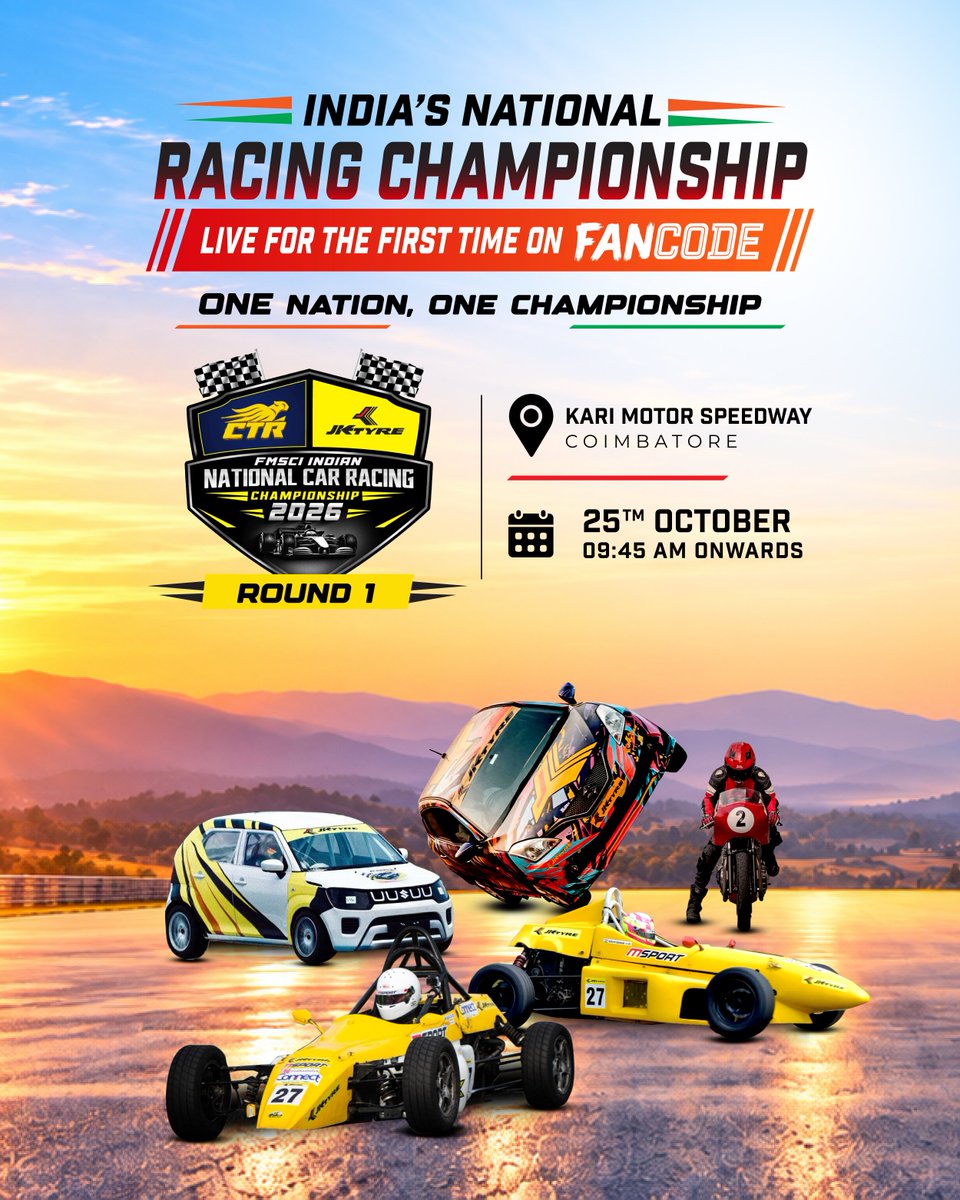 FanCode's tweet photo. Aarambikalangala Coimbatore? 🔥
The FMSCI Indian National Car Racing Championship is all set to hit the track 🏁😎
Catch all the action LIVE only on FanCode 📲
#Motorsports #FanCode #FMSCIracing https://t.co/FiDvb3FUxN