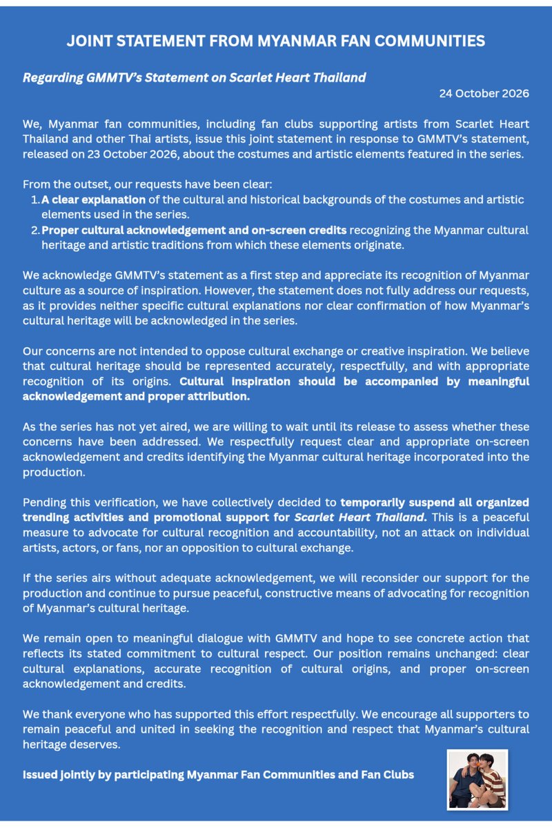 APMyanmarPage's tweet photo. JOINT STATEMENT FROM ALMONDPROGRESS MYANMAR PAGE 

Our stance is not to attack GMMTV or any artist, but to advocate for rightful cultural recognition.

CULTURAL HERITAGE RECOGNITION

#RecognizeMyanmarCulturalHeritage
#CulturalCreditMatters 
#ScarletHeartTH #GMMTV https://t.co/EUAo0itld8