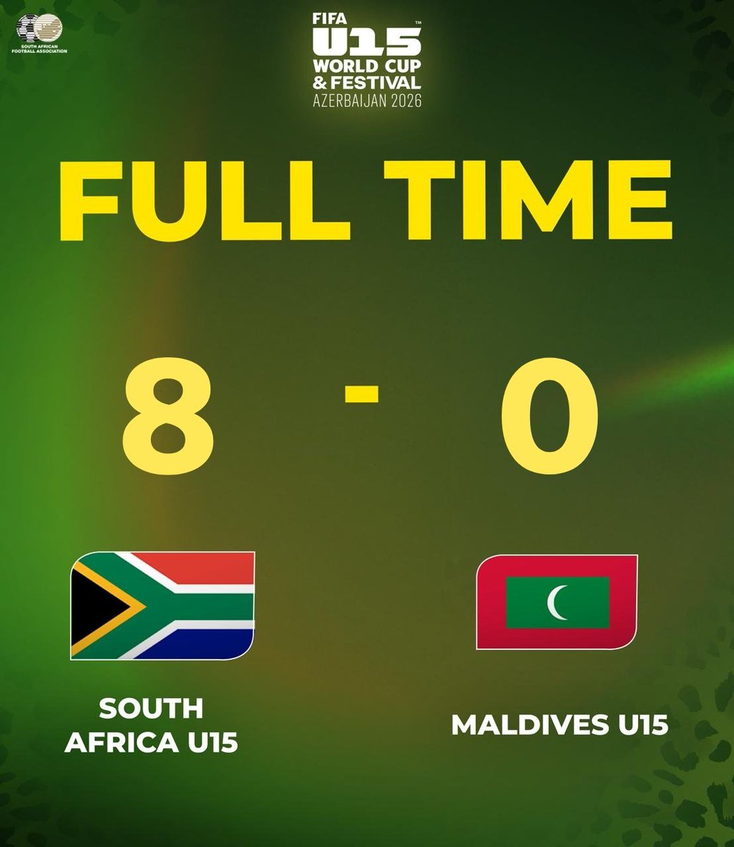 SAFA_net's tweet photo. The South African U15 Boys National team got off to a flying start with an emphatic 8-0 win over The Maldives in their opening match of the inaugural FIFA U15 Boys World Cup and Festival currently underway in Baku, Azerbaijan.

There were seven different scorers on Saturday in the impressive triumph, with a brace for Tshiamo Mashishi - ⁠Keanu Moses, Bohlale Finger, ⁠Reatlegile Mosimane, Lesedi Hlalele, ⁠Tumelo Moerane and ⁠Inganathi Saliwa

The South Africans are next in action on Sunday when they take on Kosovo (10h45 SA Time) and Anguilla (17h30 SA Time). Two other final group stage matches are scheduled for Monday against Estonia and France.

GROUP STAGE FIXTURES:

Sunday, 25 October 2026:

vs Kosovo (10h45 SA Time)

vs Anguilla (17h30 SA Time)

Monday, 26 October 2026:

vs Estonia (09h30 SA Time)

vs France (16h15 SA Time)

#SAU15
@adidas
#WorldCup