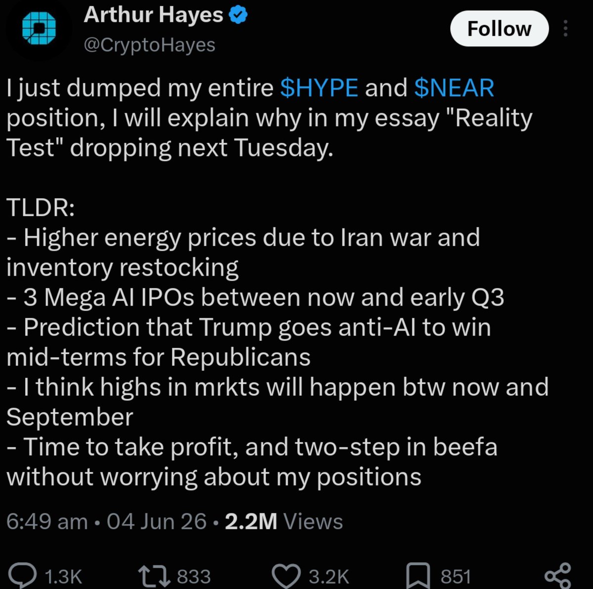 cryptosanthoshK's tweet photo. If you didn't know @CryptoHayes sold $HYPE at 18$ in June. He mentioned he dumped HYPE and NEAR..

And ever since, HYPE hit 6x making an ATH at 95$+.

The new BOTTOM signal 🤣🤣🤣

Clown. https://t.co/XpHAwaBSMc