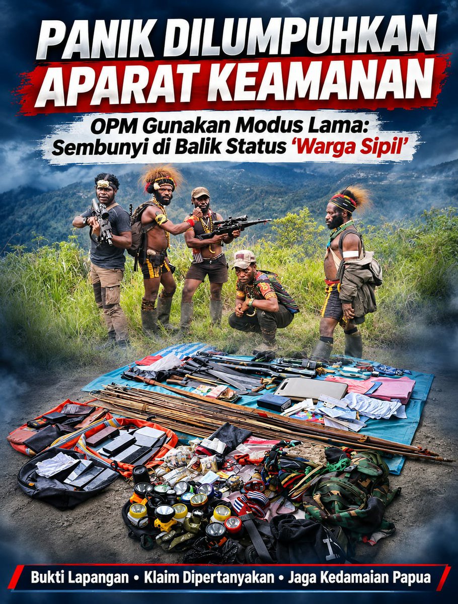 Robertuss2929's tweet photo. Panik Dilumpuhkan Aparat Keamanan, OPM Gunakan Modus Lama: Sembunyi di Balik Status "Warga Sipil

Siaran pers provokatif yang dirilis oleh manajemen TPNPB-OPM terkait insiden di Nduga merupakan upaya manipulasi opini publik yang sarat akan kebohongan klasik. https://t.co/RwXFYPI8uY