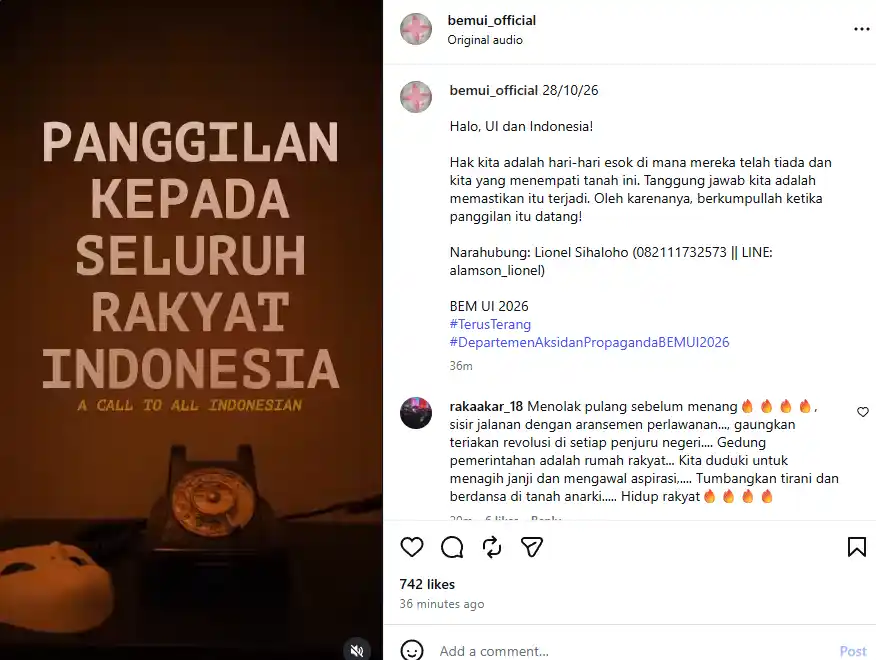 RA_leather's tweet photo. 🚨🚨A L E R T A‼️
📢 BEM UI SERUKAN AKSI NASIONAL 28 OKTOBER!

BEM Universitas Indonesia bersama Komite Sadar menyerukan aksi nasional bertajuk: 

“Panggilan Kepada Seluruh Rakyat Indonesia” 

🗓️Rabu, 28 Oktober 2026
📍 Jakarta
✊pada Hari Sumpah Pemuda. 

Seruan ini mengajak buruh, petani, nelayan, mahasiswa, dan pelajar untuk berkumpul menyuarakan kedaulatan rakyat, di tengah kritik terhadap dua tahun pemerintahan Prabowo-Gibran.