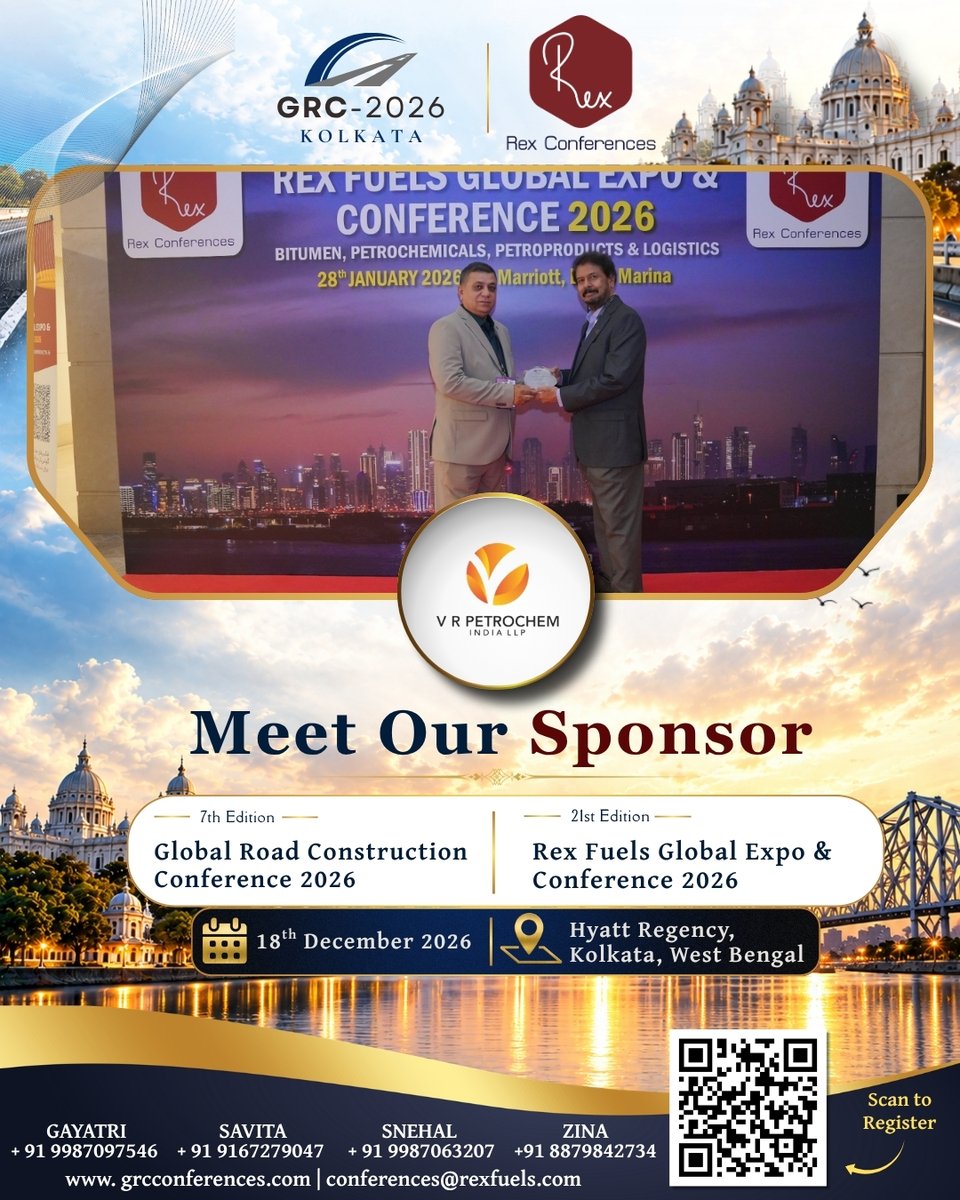FuelsManagement's tweet photo. We’re proud to feature V R Petrochem India LLP as an Associate Sponsor of the 7th Edition – Global Road Construction Conference 2026 (GRC-2026) in Kolkata!
📅 18 December 2026 | 📍 Hyatt Regency, Kolkata, India
#GRC2026 https://t.co/poQbwJZbOX