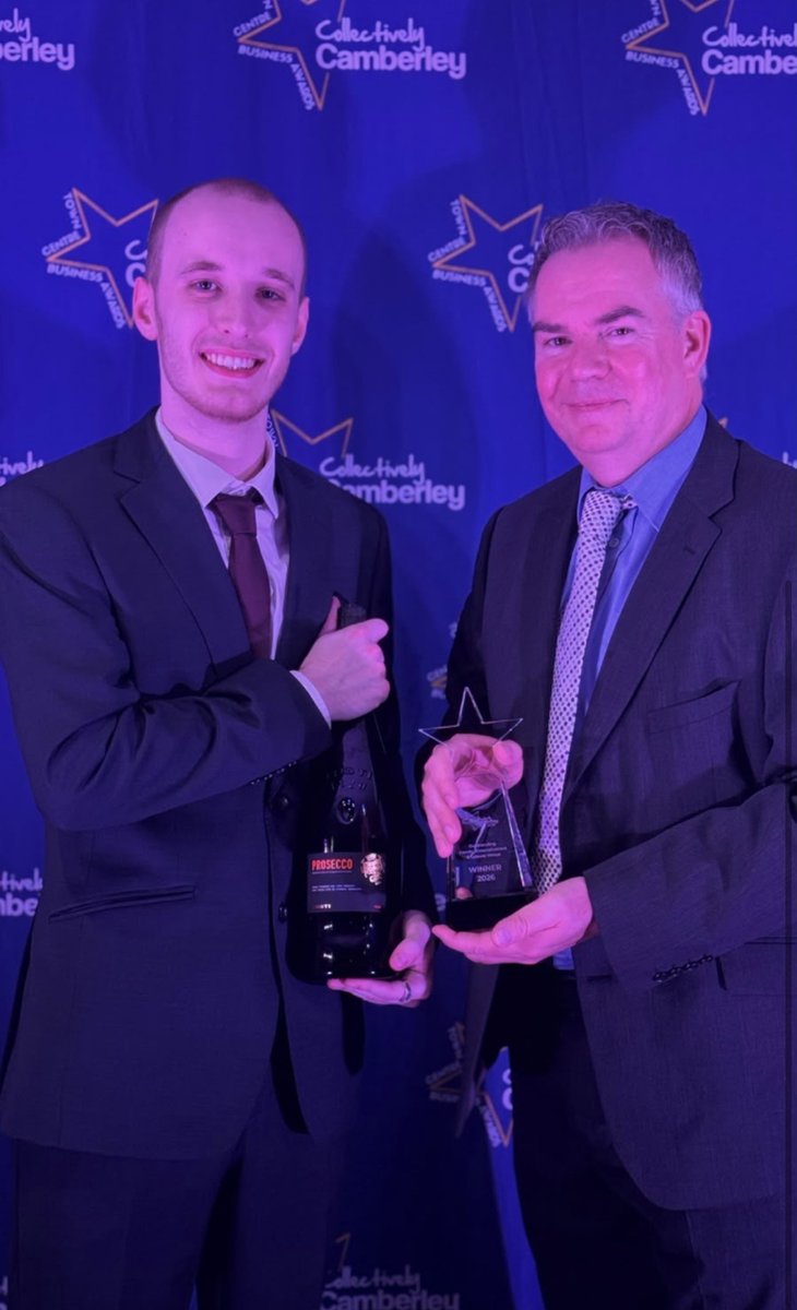 CamboTheatre's tweet photo. Thanks so much for everyone who voted for us - we are delighted to let you know that Camberley Theatre won the Outstanding Family, Entertainment &amp; Leisure Venue at the Camberley Town Business Awards last night!
Here's Surrey Heath MP Al Pinkerton along with our own Mark &amp; Leo. https://t.co/bHPrFJzQrw