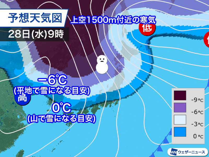 wni_jp's tweet photo. ＜初冬の寒気が流れ込む＞
来週28日(水)は真冬のような気圧配置になり、強い寒気が流れ込みます。北日本の峠道などは積雪に注意が必要です。
全国的に寒さが増し、風が強まります。東京地方、近畿地方は木枯らし1号となるかもしれません。
https://t.co/uhOmrxqyyh https://t.co/lymkBWlYJt