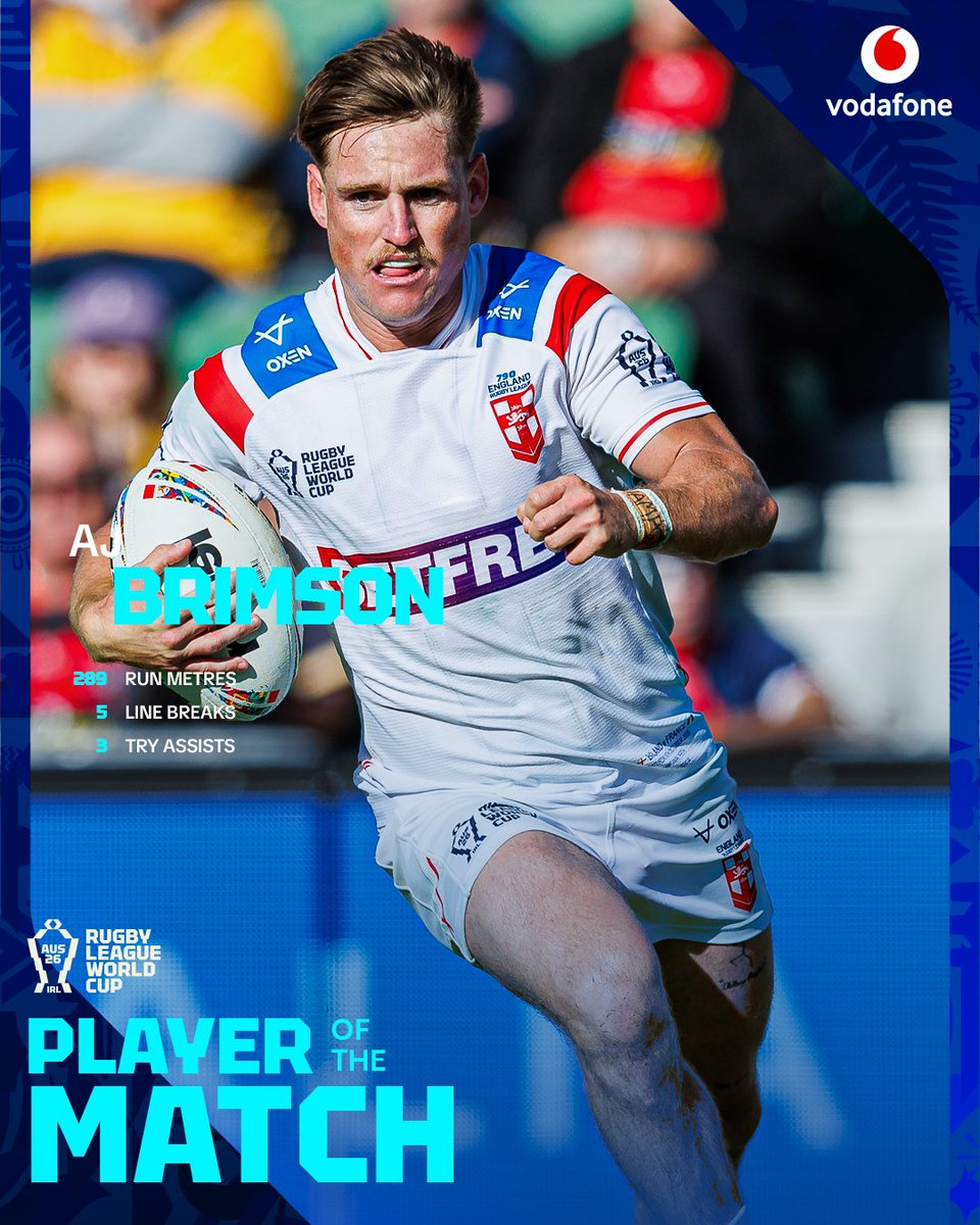 rugbyleaguewcup's tweet photo. Your player of the match, AJ Brimson! 👏 🏴󠁧󠁢󠁥󠁮󠁧󠁿

#RLWC26 https://t.co/DcwfYAqiYC