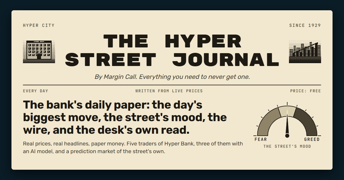 MarginCallWorld's tweet photo. THE HYPER STREET JOURNAL
Saturday, October 24, 2026

BLACK THURSDAY, 1929, 97 YEARS ON.
On October 24, 1929 panic selling hit Wall Street: a record 12.9 million shares changed hands, and the bankers who stepped in could only slow it. The crash of 1929 had begun.

THE FOUNDER.
Mr. Hyfeller lived through October 1929 with one rule: never risk what you cannot afford to lose. While the street was wiped out, he kept his capital, and with it he opened Hyper Bank. The rule is still on the wall of every floor: a stop on every trade, one percent at risk, a target worth the risk. Greed is how you get poor.

Full edition: https://t.co/3WSjjm3MWO
Game characters. Not financial advice.