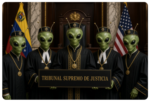 RobAlonso's tweet photo. Al parecer ya Elon Musk consiguió a los cinco marcianos que conformarán el Tribunal Supremo de Justicia de Venezuela, solo falta que le implanten "inteligencia artificial" (¿o súper inteligencia?) para que abra el máximo tribunal.  Solo falta saber si con mayor inteligencia no se empatarán en el "Cuánto hay pa'eso" o si relacionándose con sus colegas venezolanos no se volverán "corruiptos".